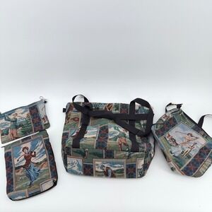 Vintage Golf Tapestry Bag Set 4 Piece Tote Crossbody Pouches Victorian Scene